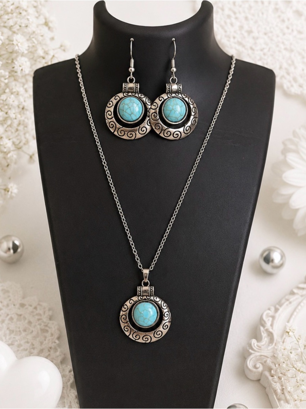 Turquoise Stone Silver-Tone Pendant Necklace & Earrings Set